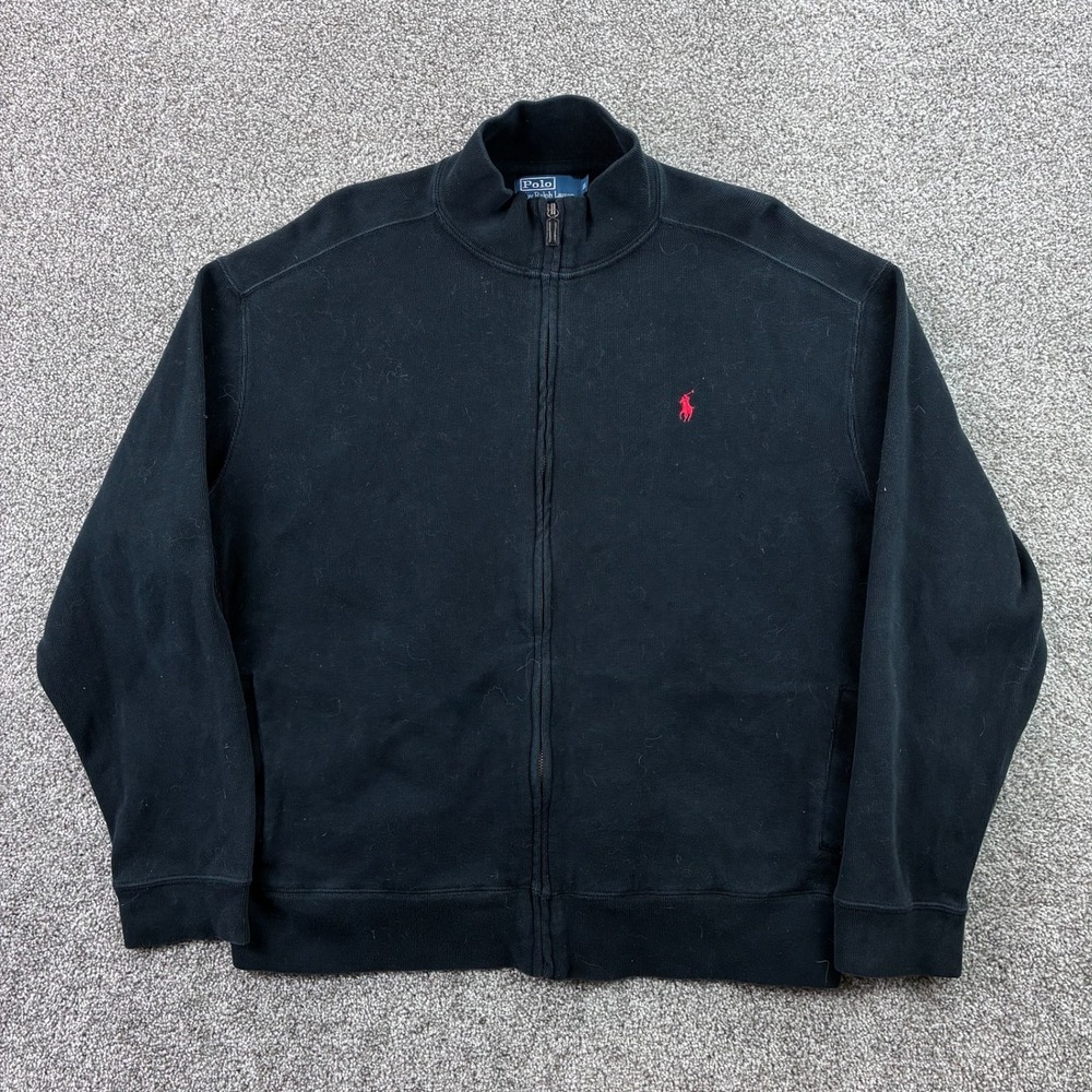 Polo Ralph Lauren Jacket Mens XL‎ Black Full Zip Mock Neck Cotton Red Pony Logo